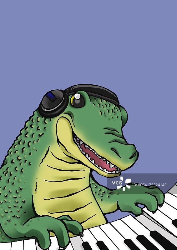 鳄鱼弹钢琴正面图，蓝色背景图片素材