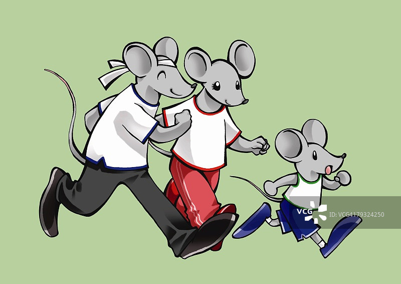 三只老鼠一起奔跑，侧视图，绿色背景图片素材