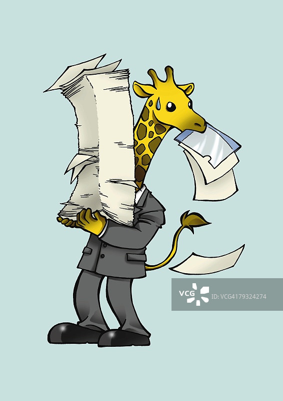 长颈鹿用手臂和嘴拿着纸，侧视图，蓝色背景图片素材