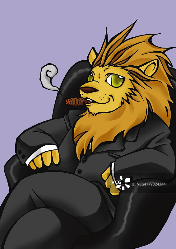 狮子抽烟并坐在椅子上，正面视角，蓝色背景图片素材