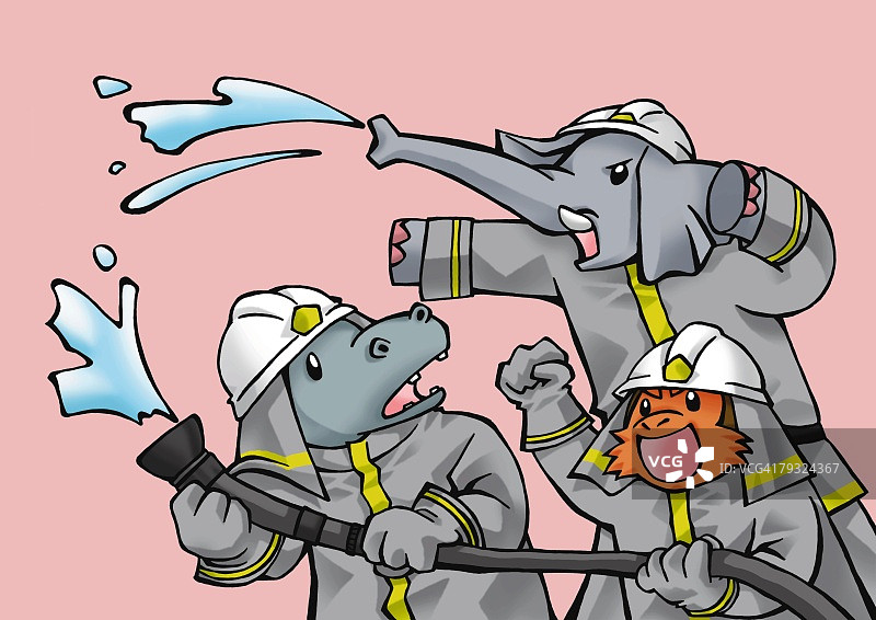 动物消防员：大象、猴子、河马正面图，粉色背景图片素材