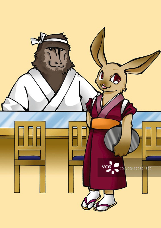兔子和大猩猩在寿司吧工作正面图橙色背景图片素材
