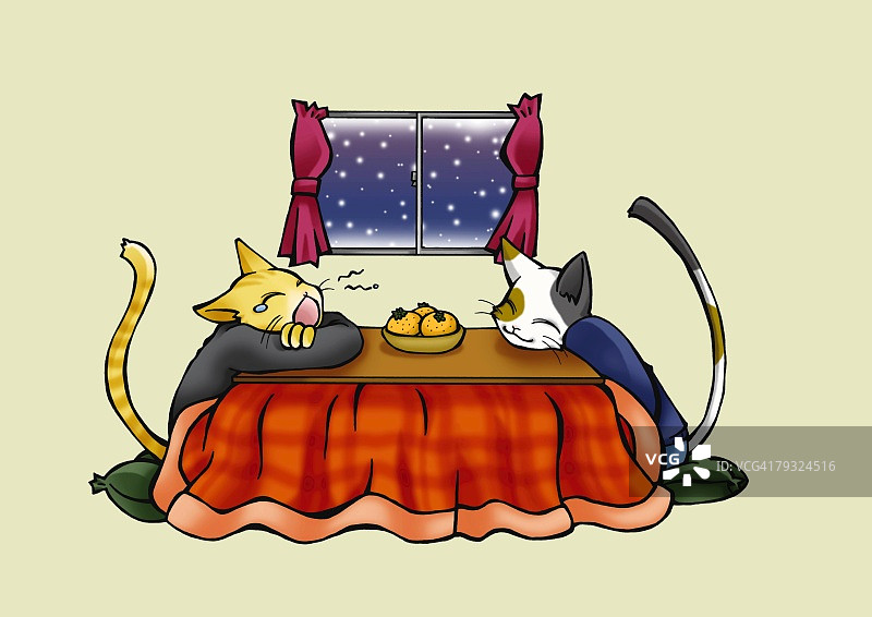 两只猫坐在被炉旁，一只打哈欠，侧视图，灰色背景图片素材