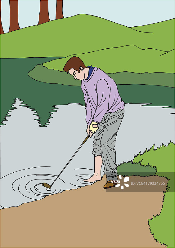 高尔夫球手击球出水塘绘画插图图片素材