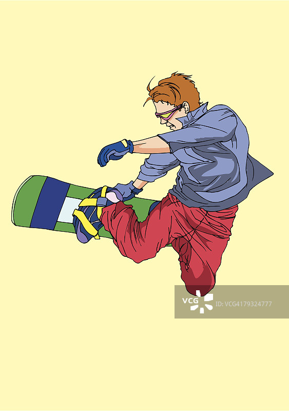 年轻成年男子滑雪单板的绘画，插图图片素材