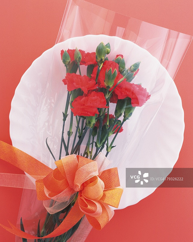 餐盘上的康乃馨花束（高角度拍摄）图片素材