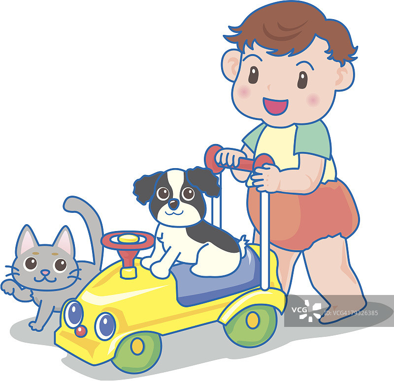 宝宝和猫狗玩耍推玩具车图片素材
