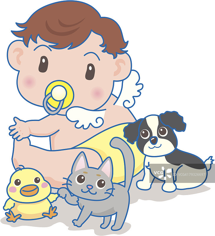 小天使和狗、猫、鸭子，后视图图片素材