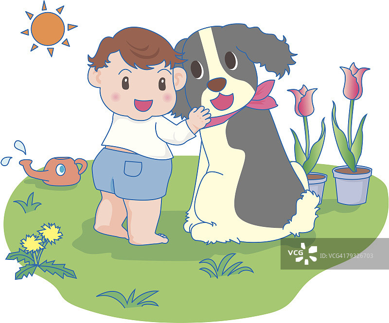 男孩和小狗微笑的侧面照图片素材