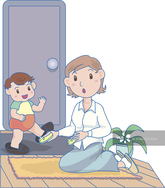 男孩在入口处穿上父亲的鞋子图片素材