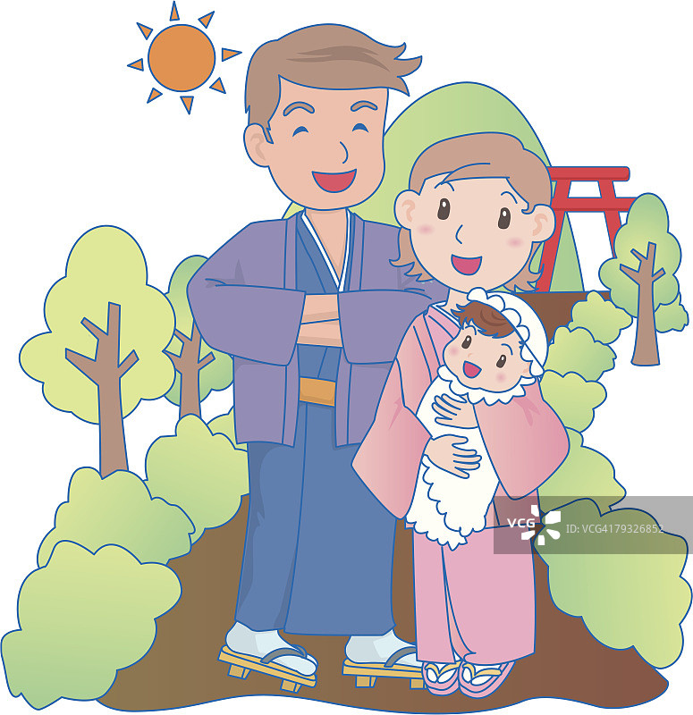 父母带着婴儿在神社参拜，面带微笑，母亲抱着婴儿图片素材
