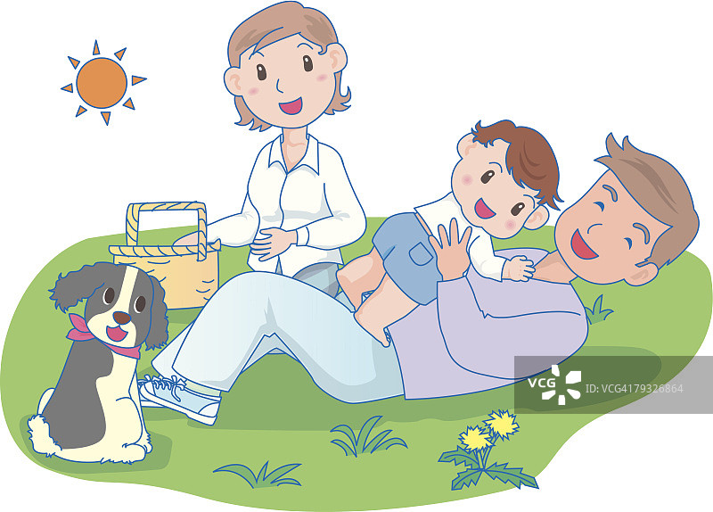 父亲与女儿、妻子和宠物狗一同躺卧图片素材