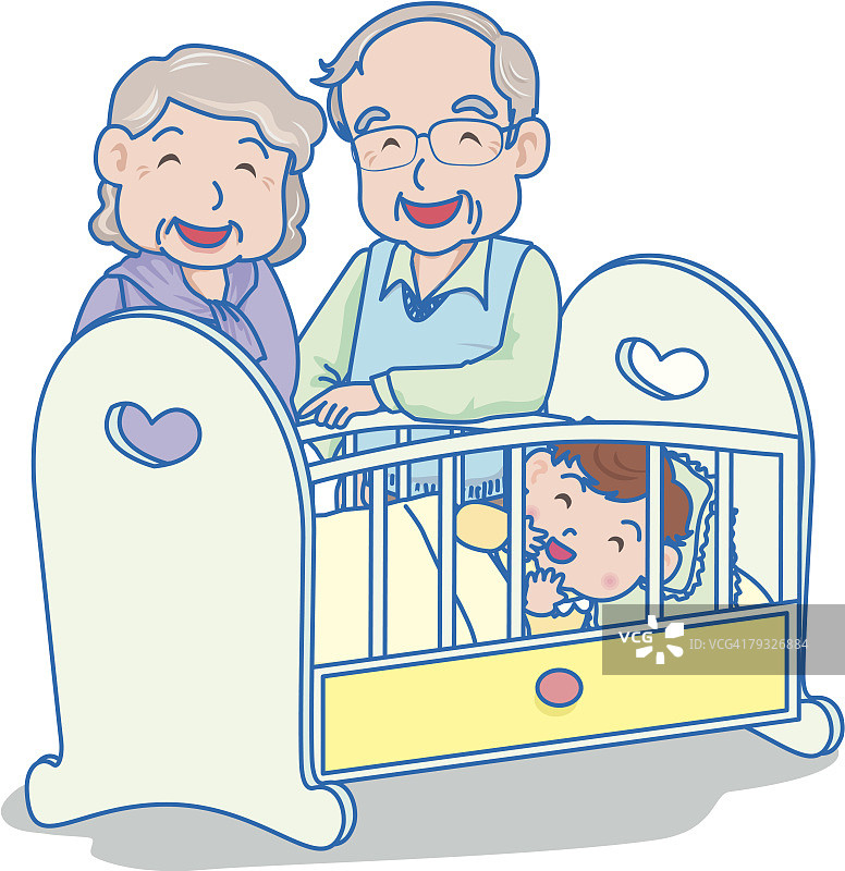 宝宝在床上睡觉，爷爷奶奶在床边图片素材