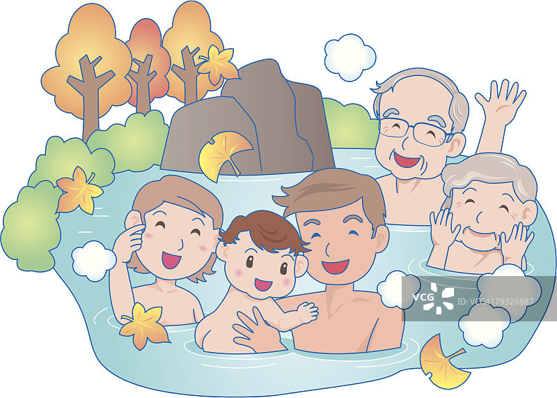 三代同堂家庭泡温泉，笑容满面图片素材