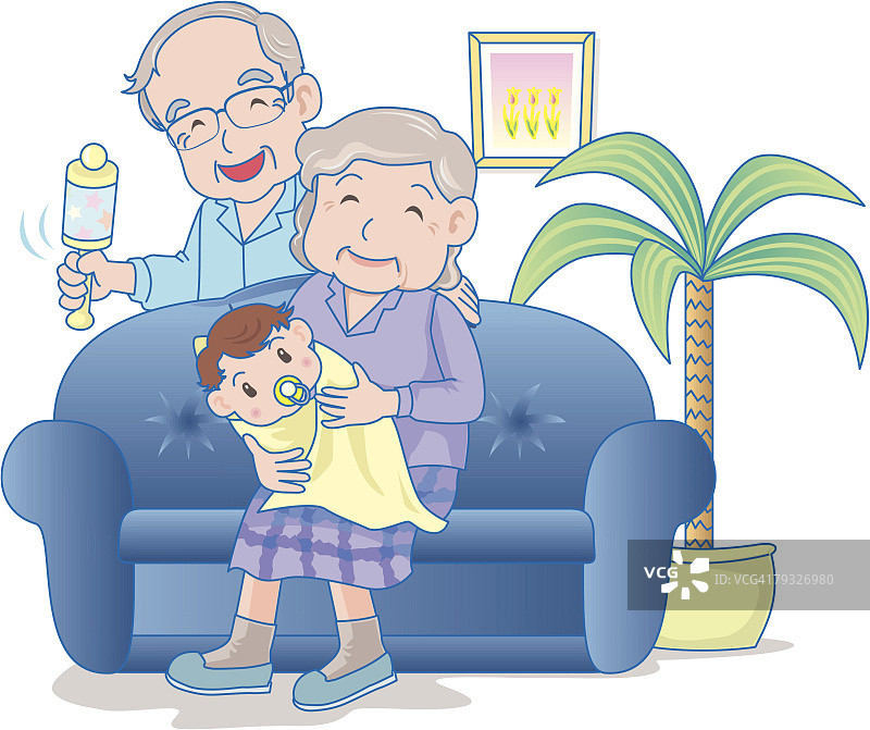祖父母和宝宝在沙发上微笑图片素材