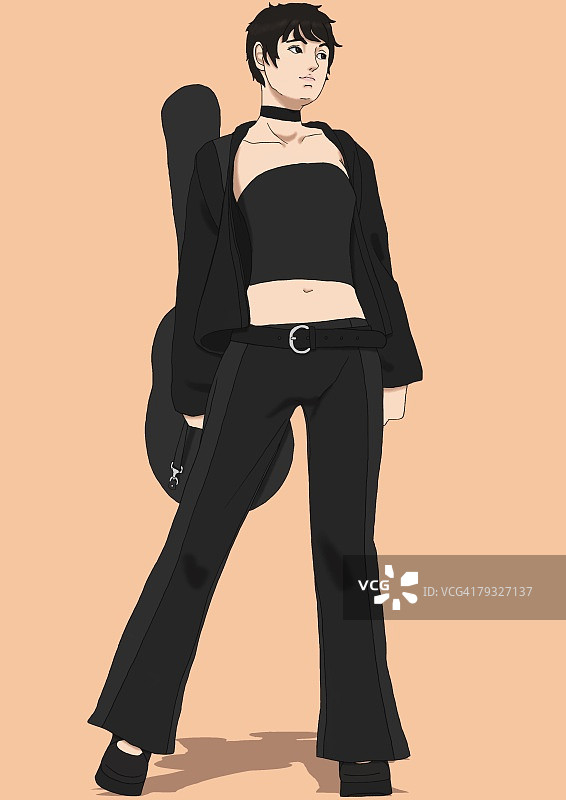 拿着吉他盒的年轻女子肖像插画图片素材
