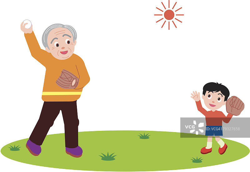 年长的男人和孙子玩接球游戏，正面视角图片素材