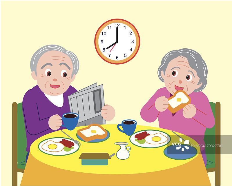 老年夫妇享用早餐，正面视角图片素材