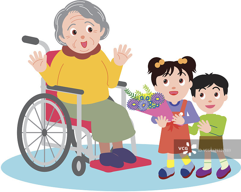 坐在轮椅上与孙子孙女在一起的年长女性，女孩拿着一束鲜花，正面视角图片素材