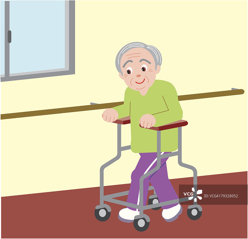 在医院里用助行器走路的年长男人，侧视图图片素材