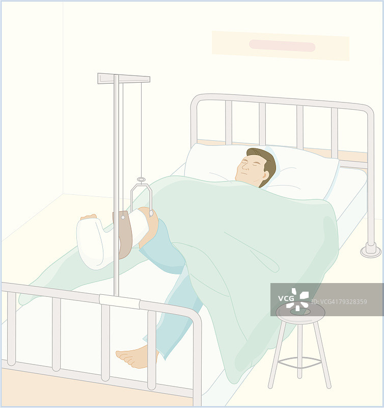 腿上打着石膏在恢复室睡觉的病人，插图图片素材