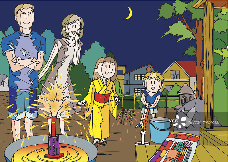 一家人一起玩烟花，插画风格图片素材