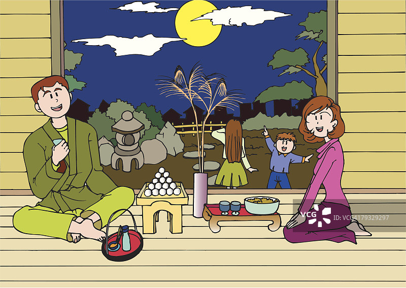 一家人赏月派对，插画图片素材