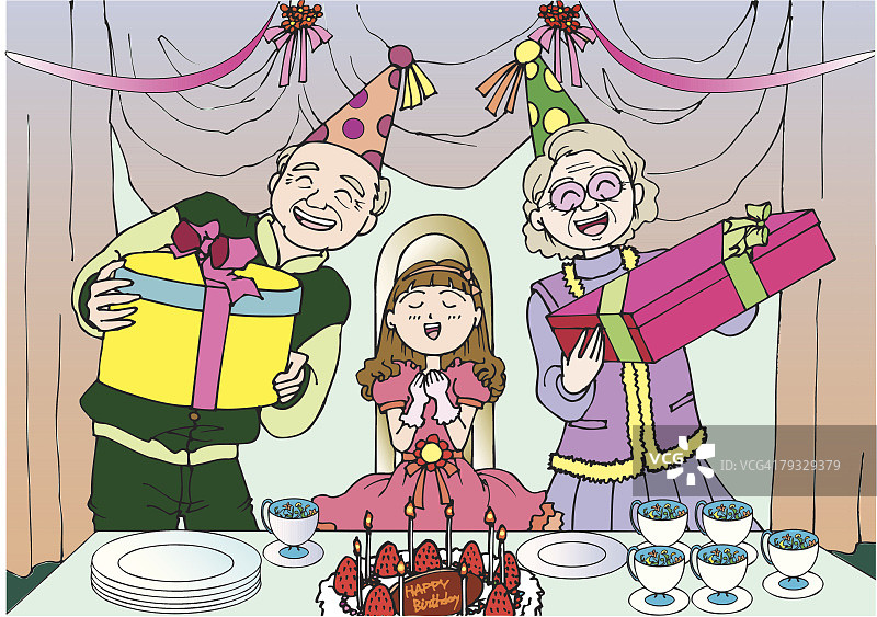 祖父母给孙女送生日礼物，图解图片素材