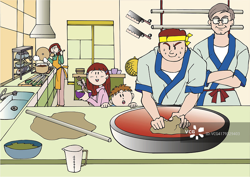 中年男人制作荞麦面插画图片素材