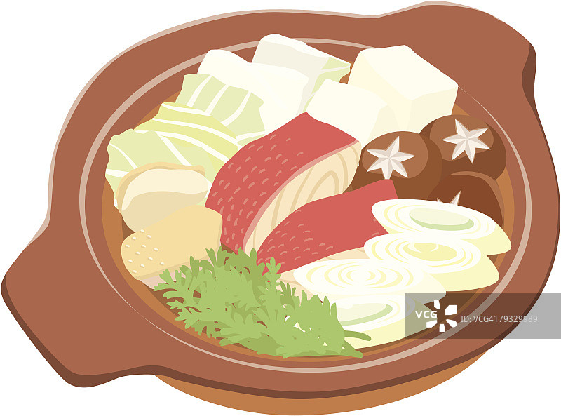 鱼肉蔬菜锅菜肴特写插画图片素材