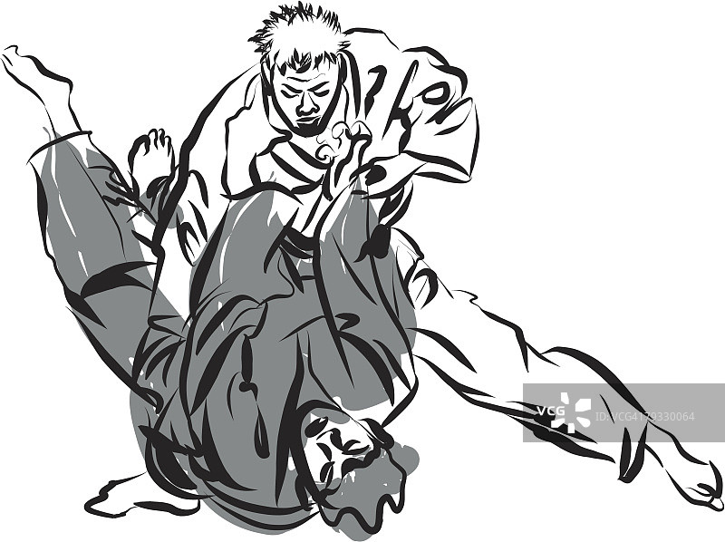 两个男人进行柔道比赛，笔和墨水图片素材