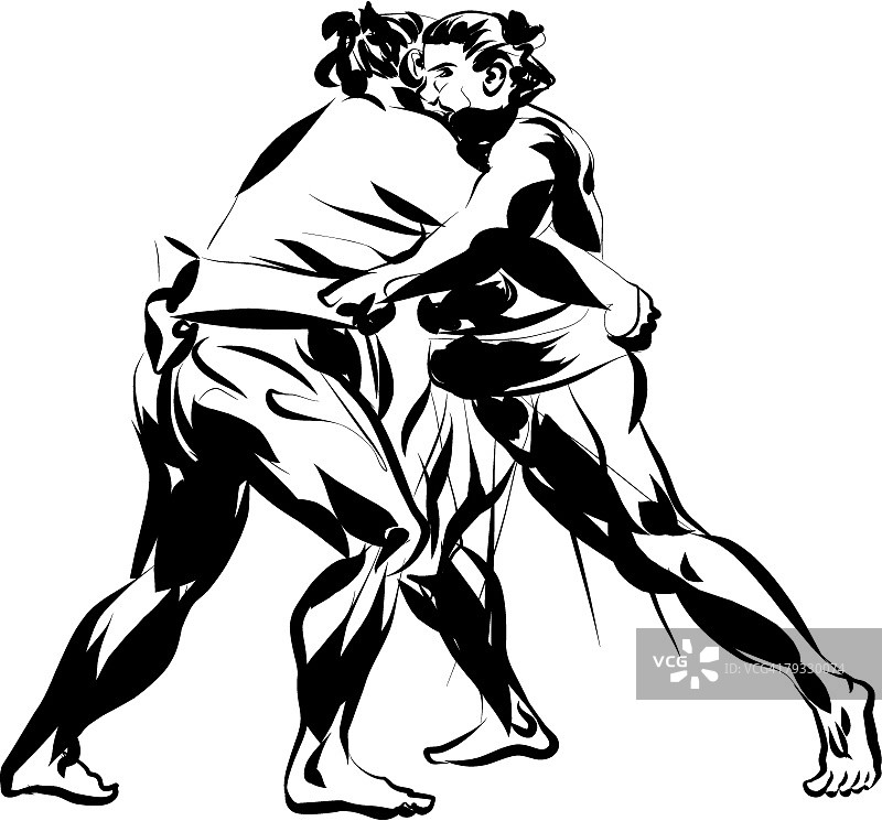 相扑选手在土俵中摔跤，钢笔墨水图片素材