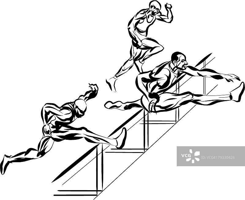 三个跨栏运动员水墨画图片素材