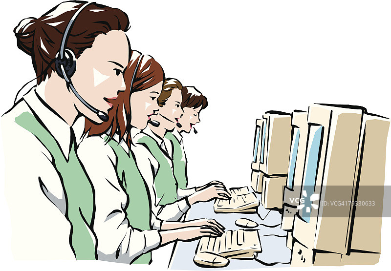四位女商人作为操作员工作，侧视图图片素材