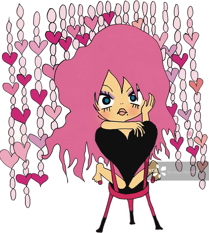 女孩反坐在椅子上，卡通插画图片素材