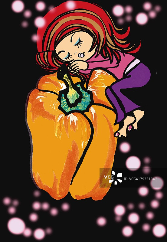 拿着甜椒的女孩，插画，卡通，肖像图片素材