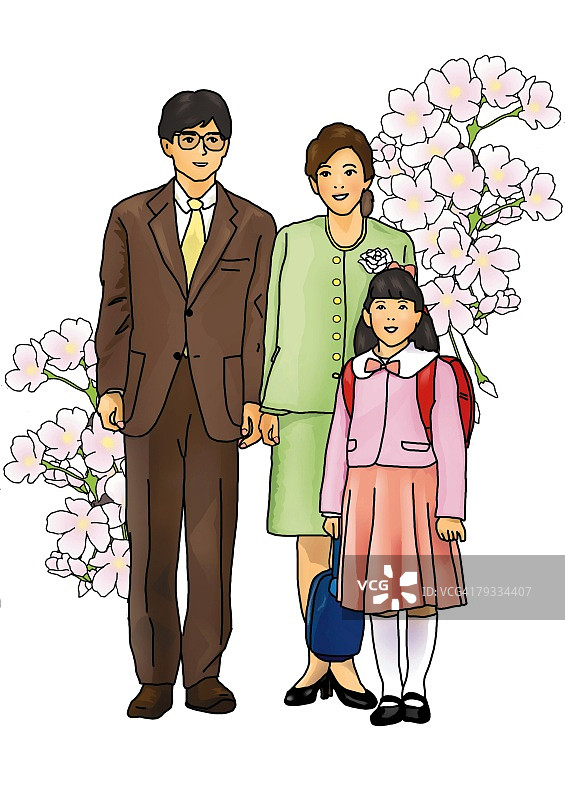 身着正装的日本家庭正面照，白色背景抠图图片素材