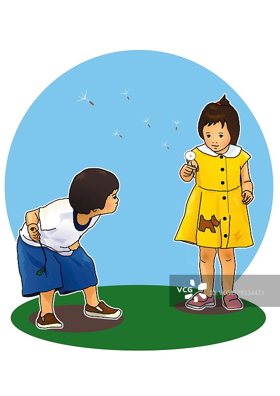 吹蒲公英绒毛的儿童（正面、侧面、白色背景、抠图）图片素材