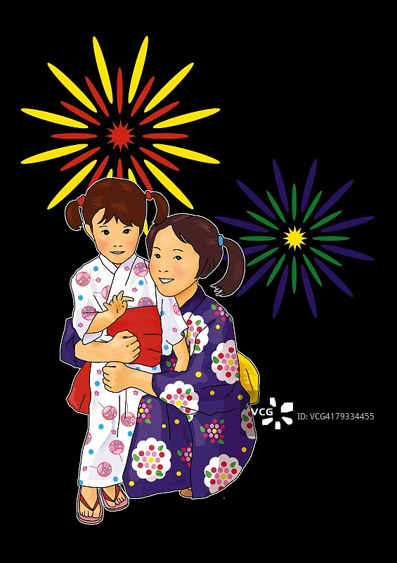 身穿浴衣的日本女孩肖像，背景是烟花，正面视角，黑色背景图片素材