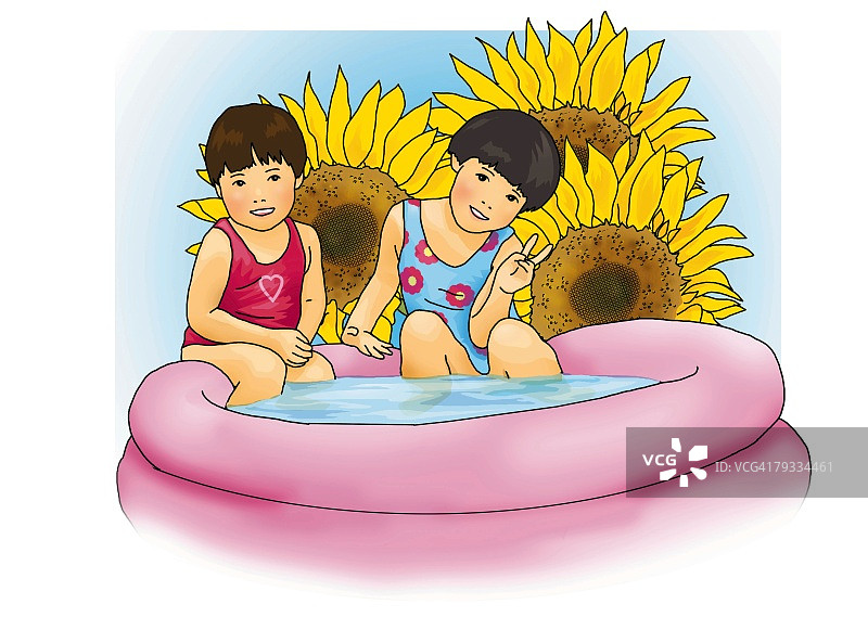 在涉水池中玩耍的两个女孩的肖像，前视图，白色背景，剪切图片素材