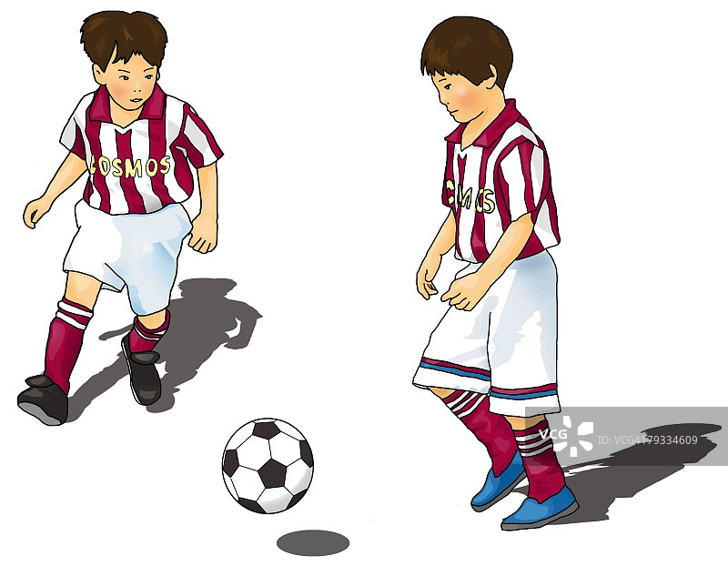两个男孩踢足球，正面、侧面视角，白色背景，抠图图片素材