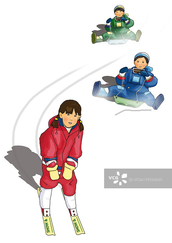 两个男孩乘坐雪橇，一个女孩滑雪，正面视角，白色背景，抠图图片素材