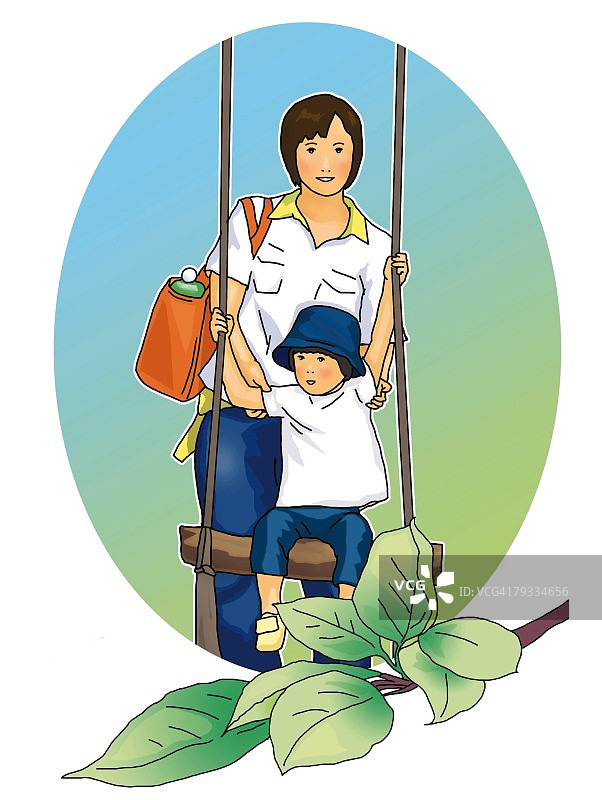 日本母子肖像：孩子在秋千上，正面视角，白色背景，抠图图片素材