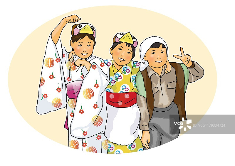 三个儿童穿浴衣并排站立肖像抠图图片素材