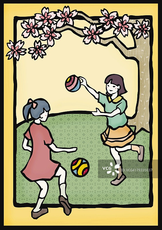 两个女孩在樱花树下玩手鞠，正面和背面视角图片素材