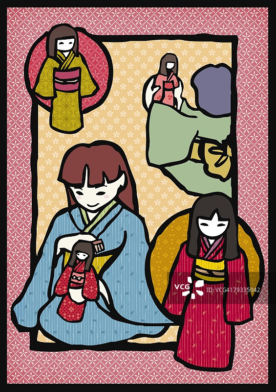 穿着和服、手持日本娃娃的女孩，正面和背面视图图片素材