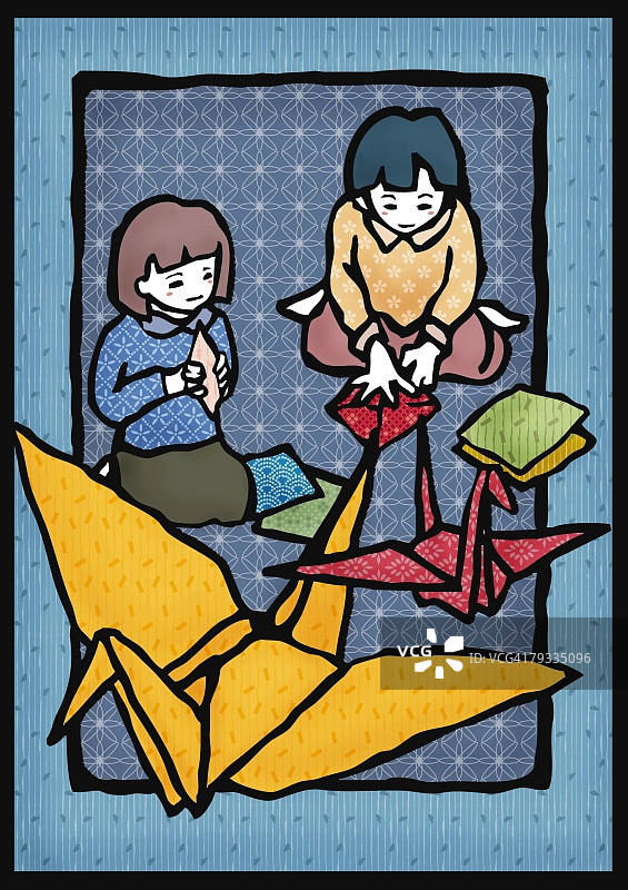 女孩们制作折纸鸟，正面视角图片素材