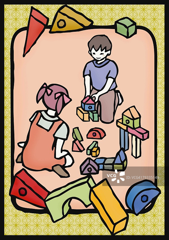 男孩和女孩正在搭建积木，前视图和后视图图片素材