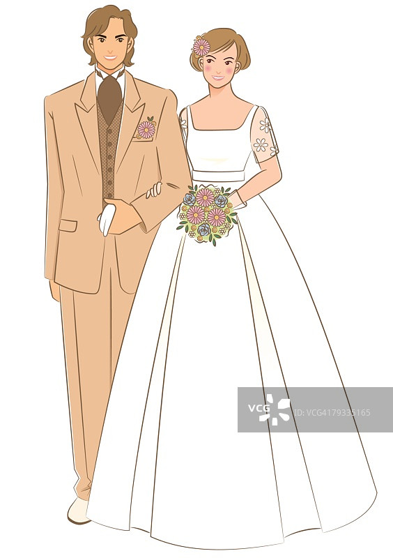 新婚夫妇并肩微笑站立，新娘手持粉色鲜花制成的新娘捧花，正面视角图片素材