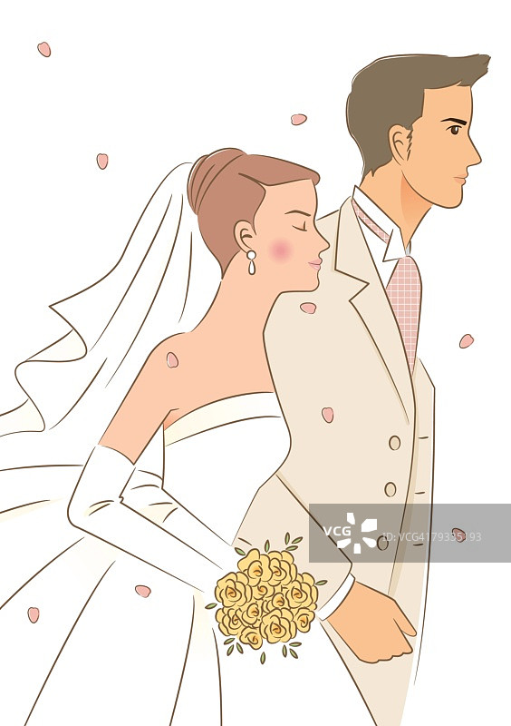 花瓣中并肩漫步的新婚夫妇（侧面）图片素材